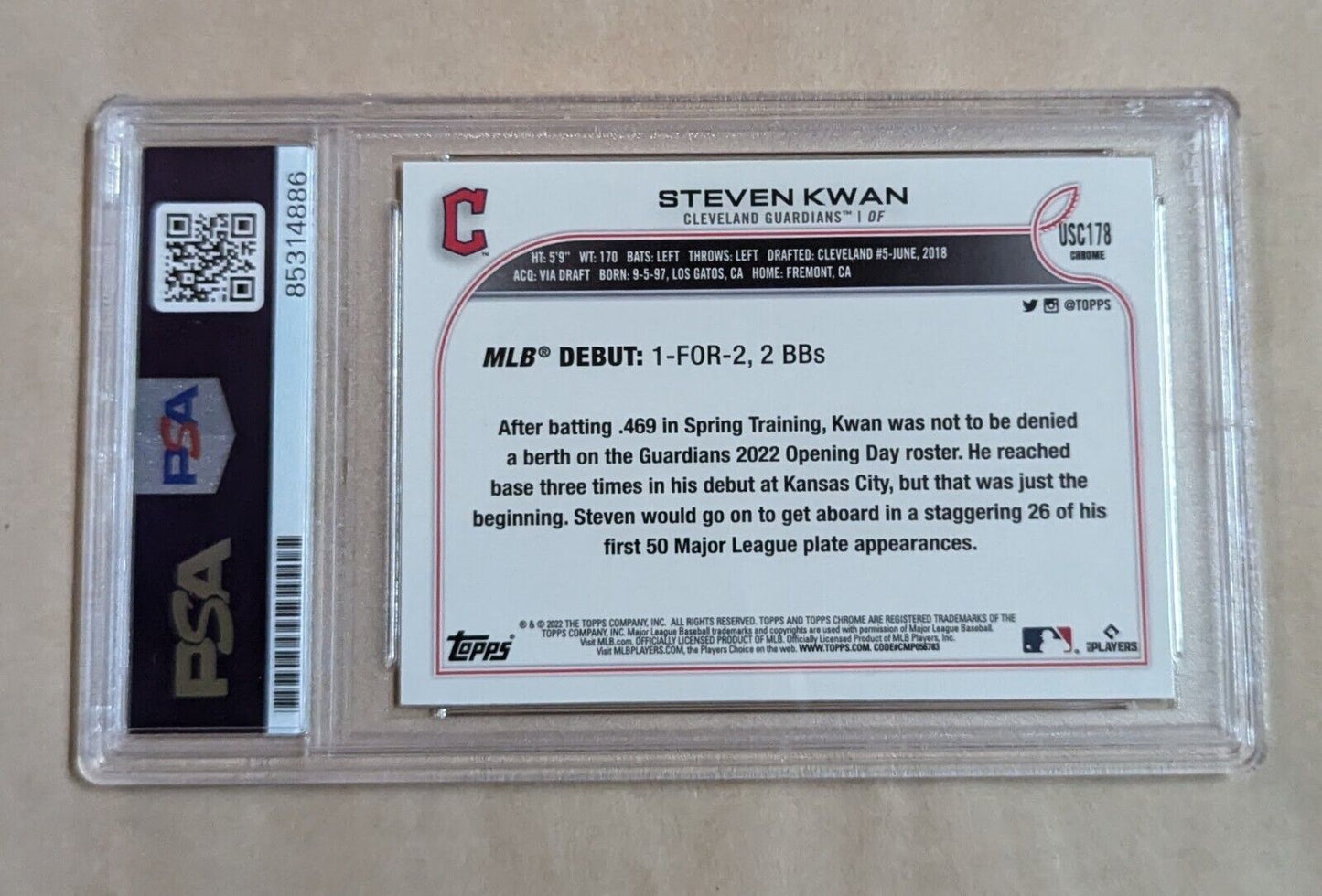 Steven Kwan Topps Chrome Rookie Debut 2022 #Usc178 Hand Signed Psa Slabbed