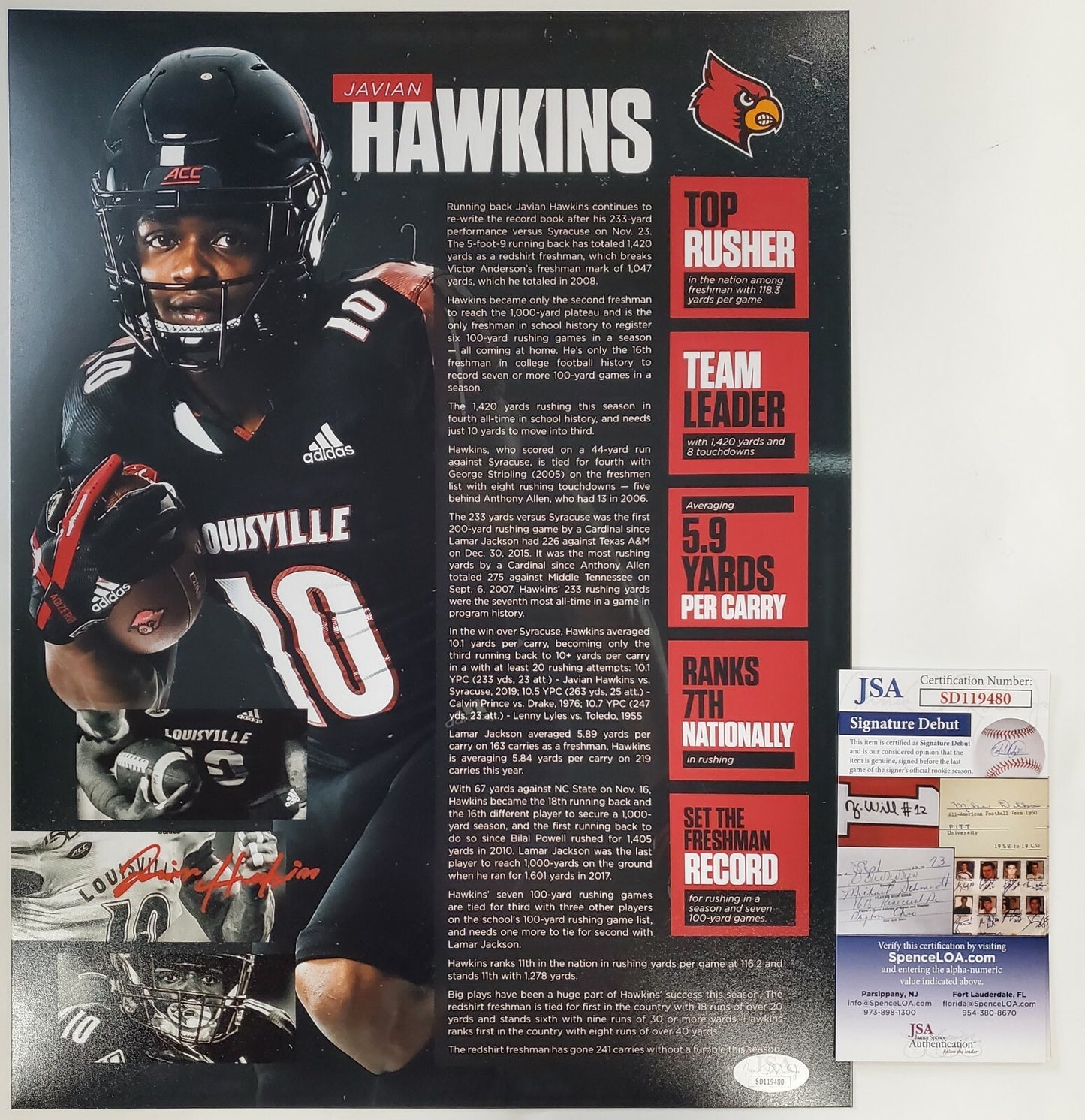 Louisville Cardinals Javian Hawkins Autographed 11X14 Photo Jsa Coa