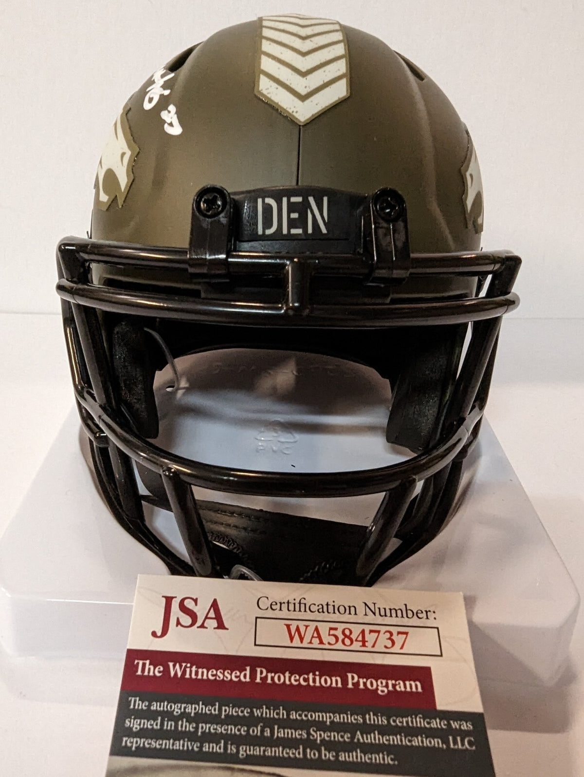 Denver Broncos Damarri Mathis Autographed Salute To Service Mini Helmet Jsa Coa