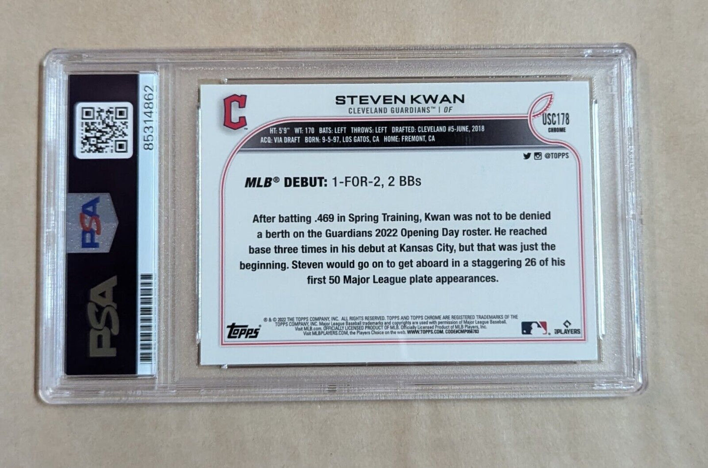 Steven Kwan Topps Chrome Rookie Debut 2022 #Usc178 Hand Signed Psa Slabbed