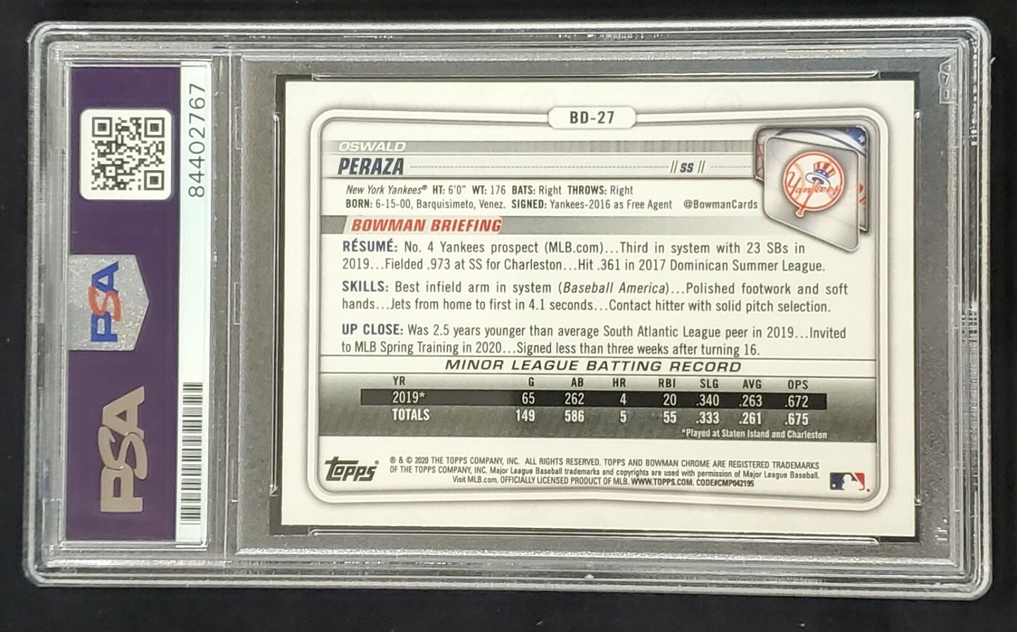 Oswald Peraza Autographed Topps Bowman Yankees Chrome Bd-27 Psa Slabbed