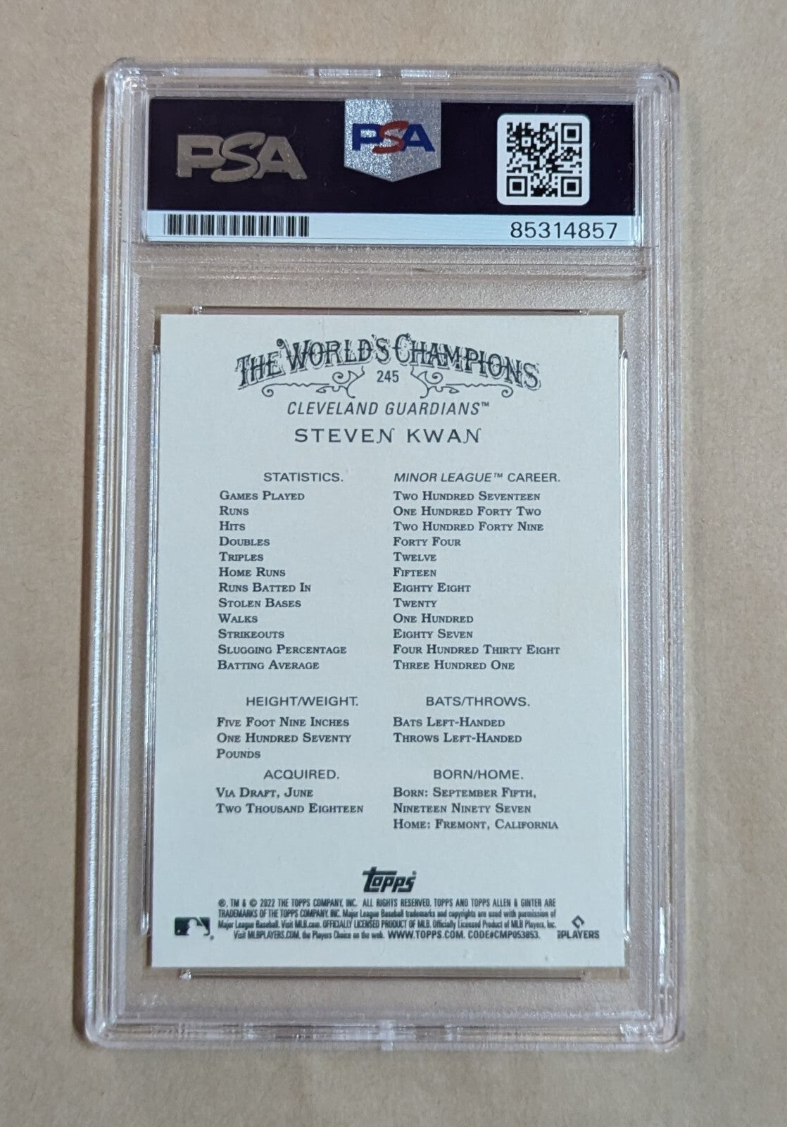 Steven Kwan Topps Allen & Ginter Rc 2022 #245 Hand Signed Psa Slabbed