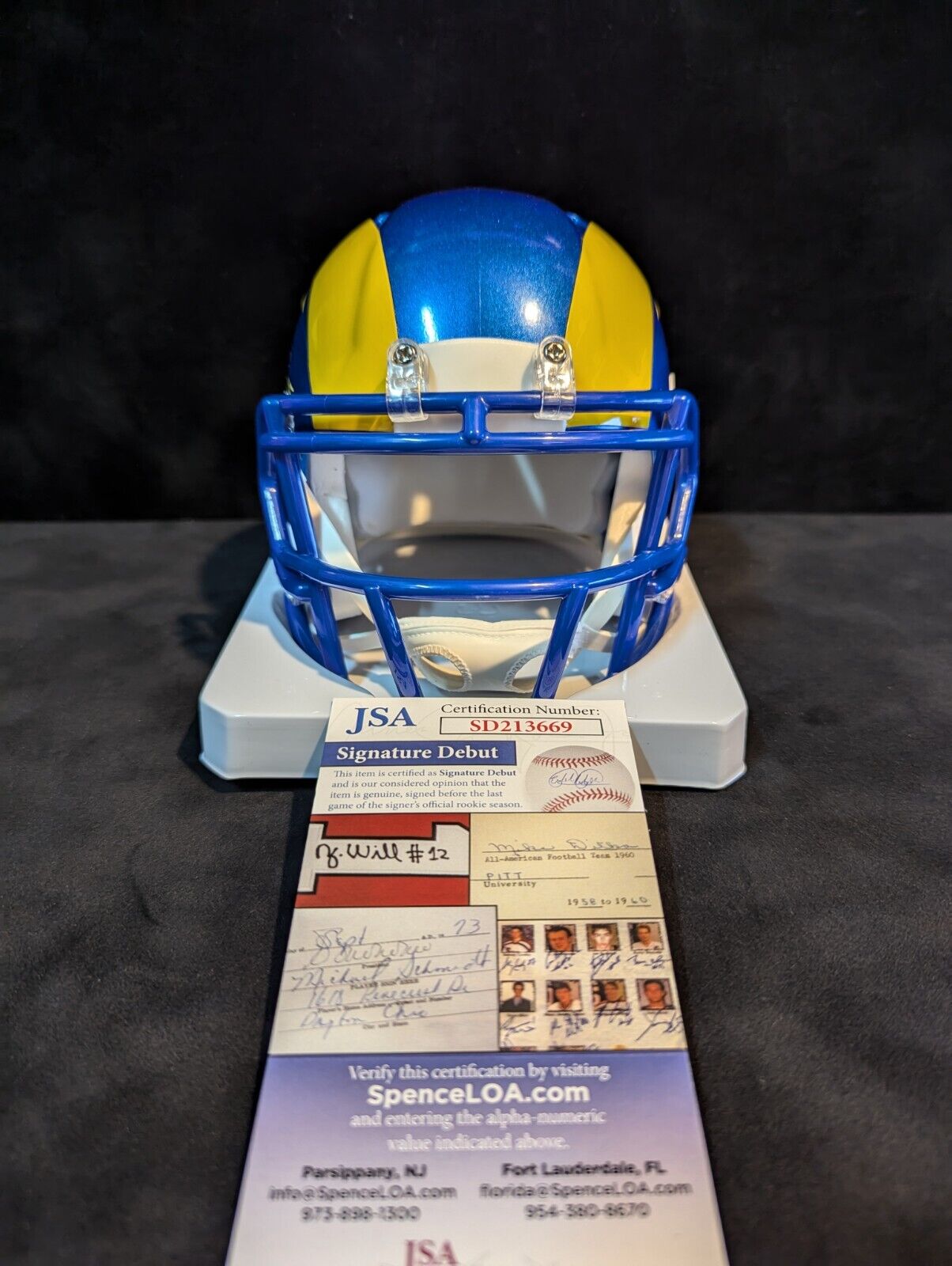 Los Angeles Rams Braden Fiske Autographed Speed Mini Helmet Jsa Coa