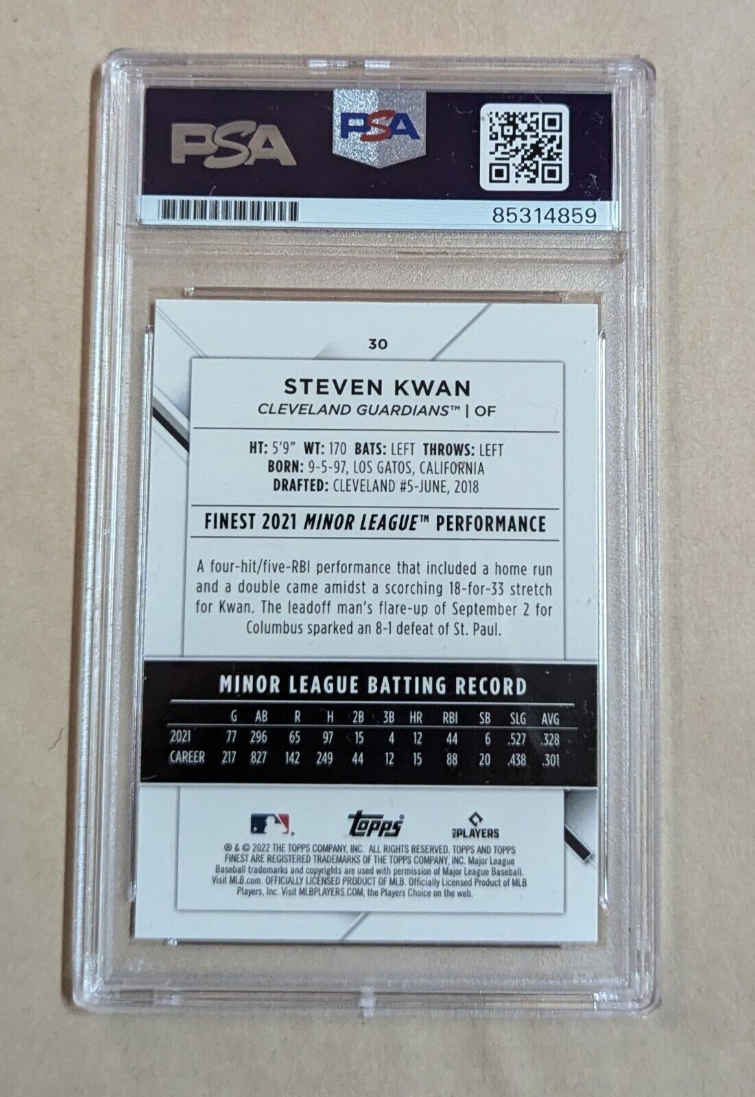 Steven Kwan Topps Finest Rookie 2022 #30 Hand Signed Psa Slabbed