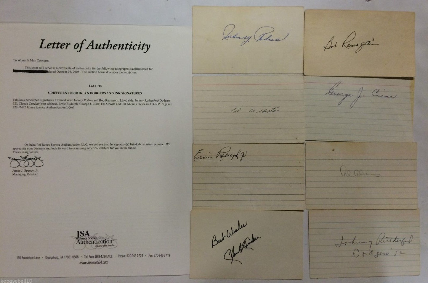Lot Of Brooklyn Dodgers Autographed Signed 3X5 Cards Jsa Loa Podres And More