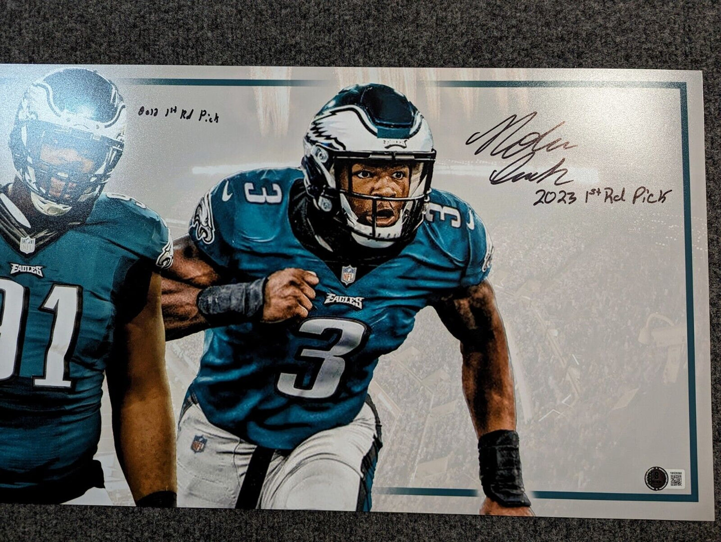 Eagles Fletcher Cox, Jordan Davis, Nolan Smith Jr 3X Signed 36X12 Panoramic Bas
