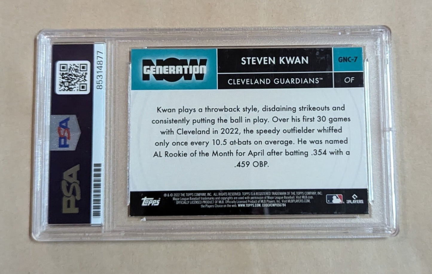 Steven Kwan Topps Chrome Generation Now Rc 2022 #Gnc-7 Hand Signed Psa Slabbed