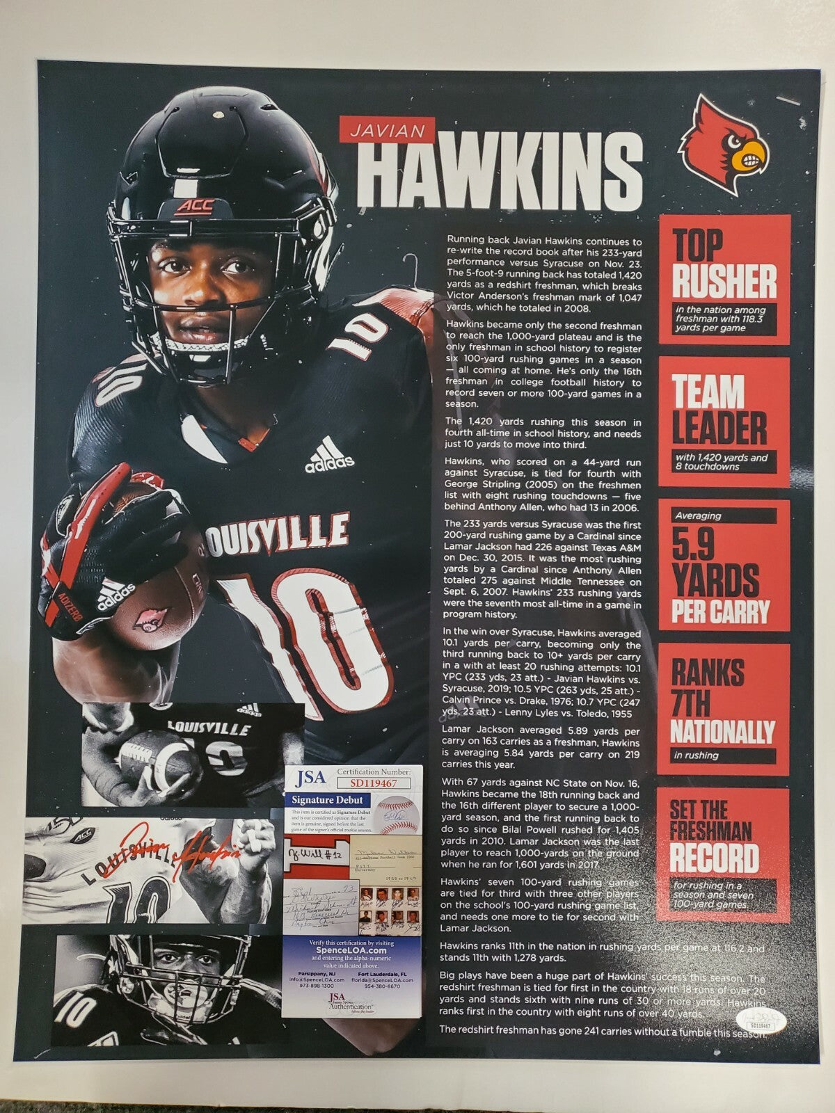 Louisville Cardinals Javian Hawkins Autographed 16X20 Photo Jsa Coa