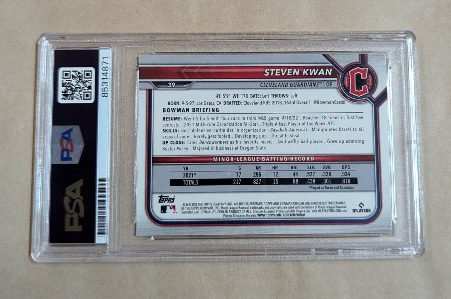 Steven Kwan Bowman Chrome Rookie 2022 #39 Hand Signed Psa Slabbed