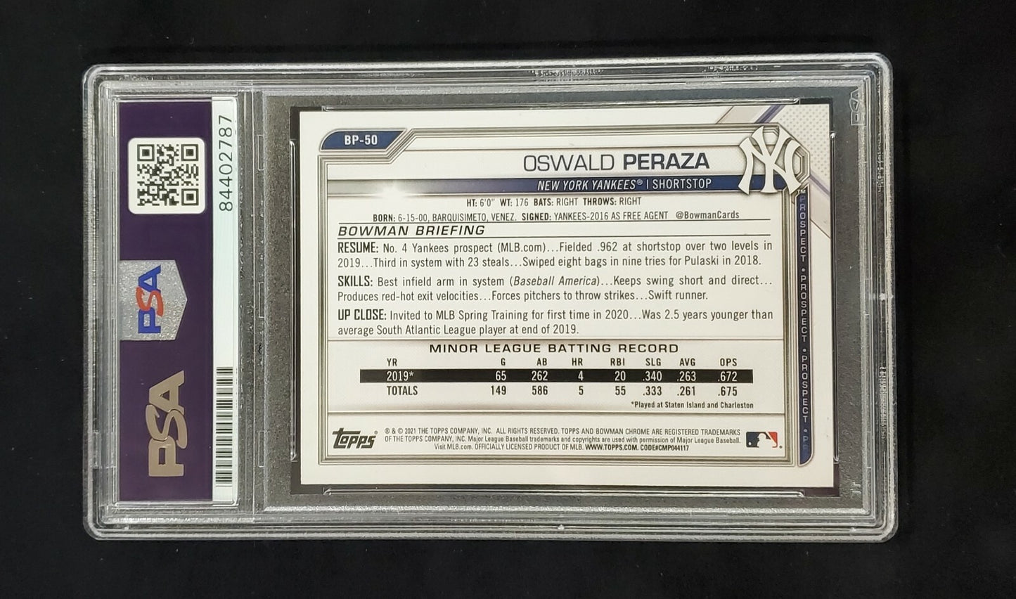 Oswald Peraza Autographed Topps Bowman Yankees Bp-50 Psa Slabbed