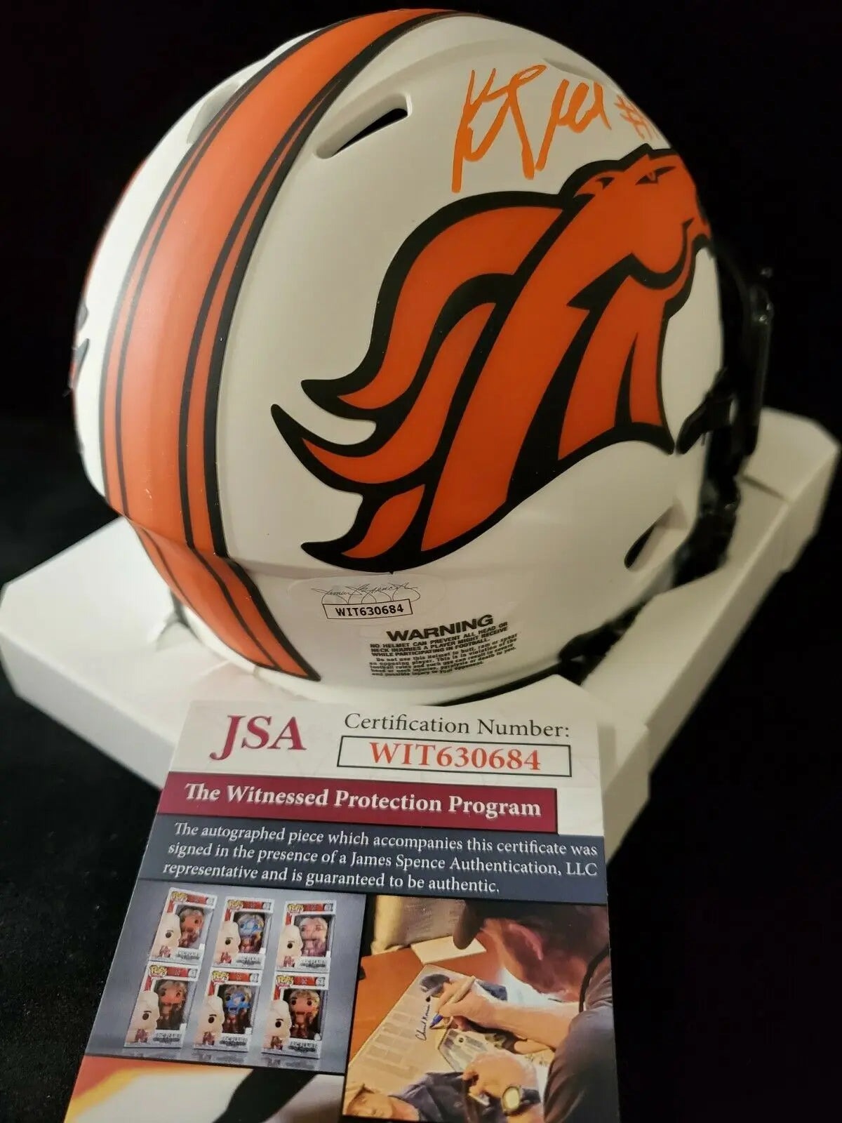 MVP Authentics Kj Hamler Autographed Orange Signed Denver Broncos Lunar Mini Helmet Jsa Coa 134.10 sports jersey framing , jersey framing