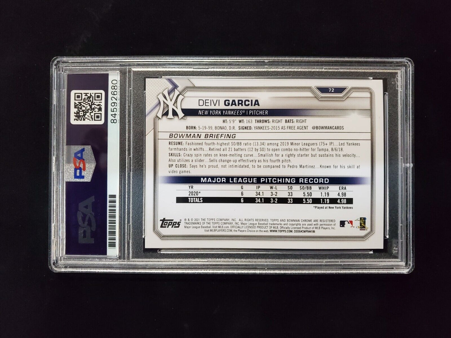 MVP Authentics Deivi Garcia Autographed Topps Bowman Yankees 72 Psa Slabbed 225 sports jersey framing , jersey framing