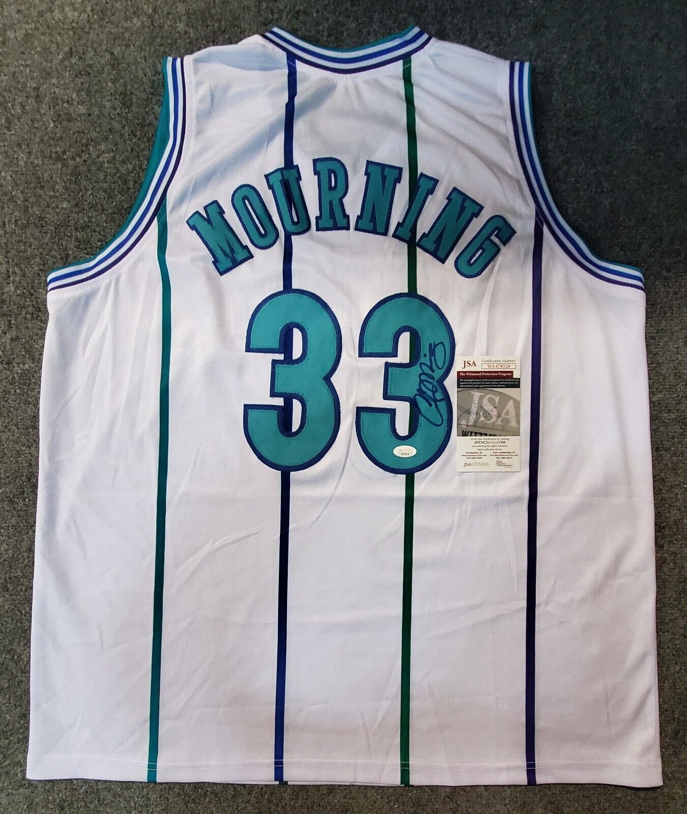 Alonzo Mourning Signed Charlotte Hornets Throwback 1994 Purple M&N Swingman  Basketball Jersey - Schwartz Authenticated