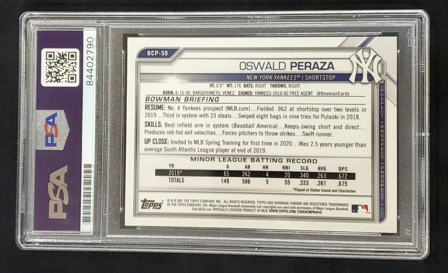 MVP Authentics Oswald Peraza Autographed Topps Bowman Yankees Chrome Bcp-50 Psa Slabbed 247.50 sports jersey framing , jersey framing