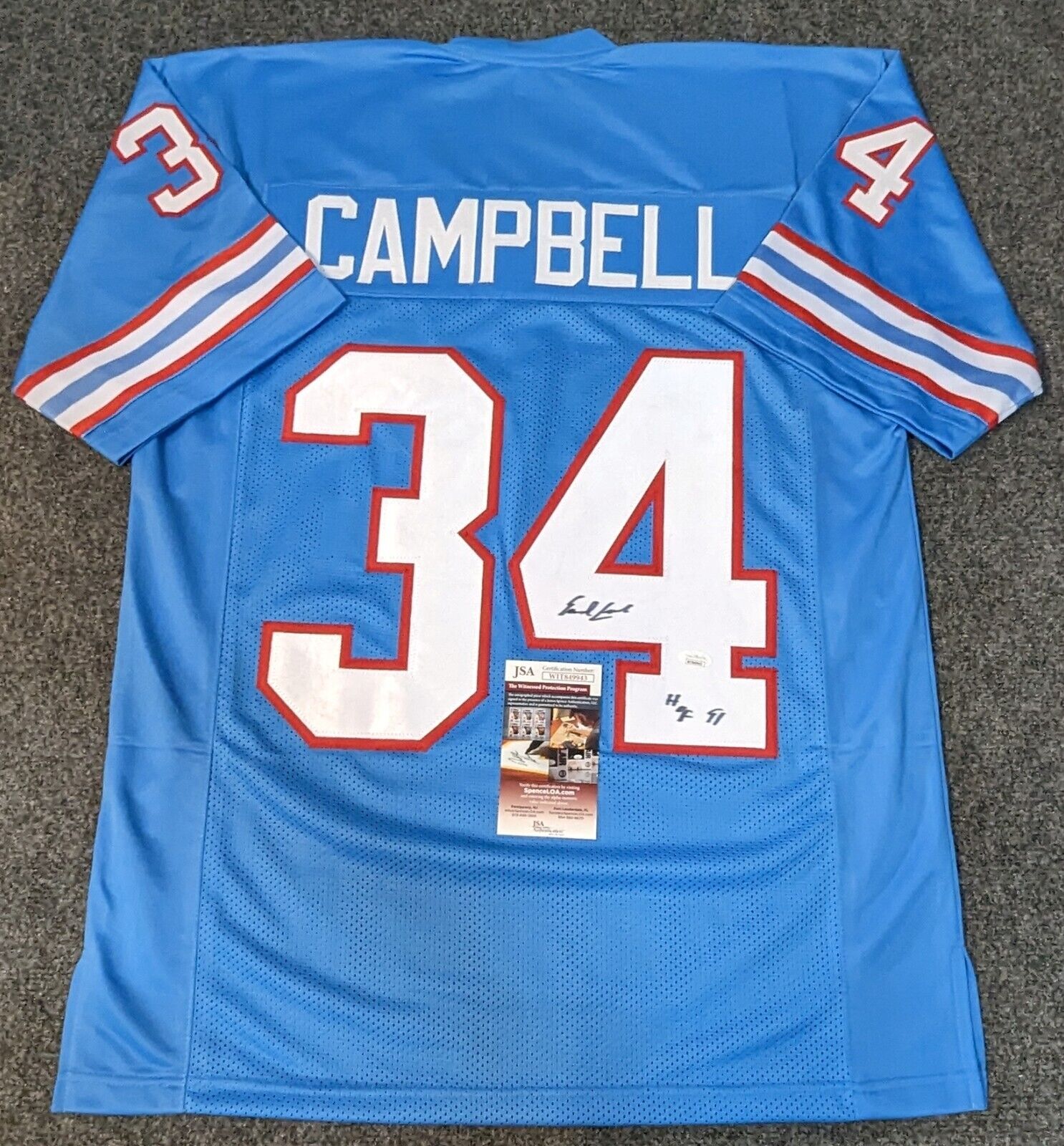  Earl Campbell Autographed Blue Oilers Jersey