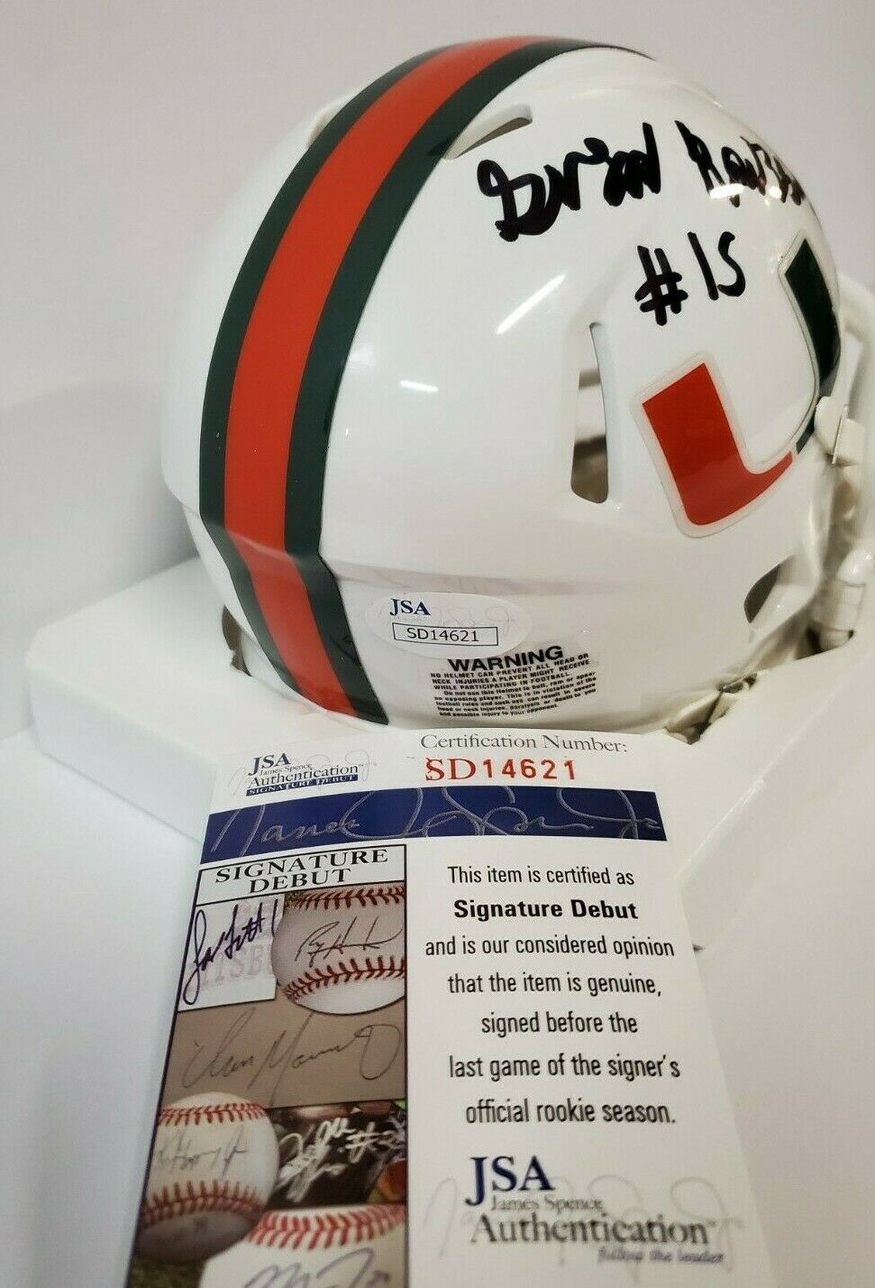 MVP Authentics GREG ROUSSEAU AUTOGRAPHED SIGNED MIAMI HURRICANES MINI HELMET JSA COA 116.10 sports jersey framing , jersey framing
