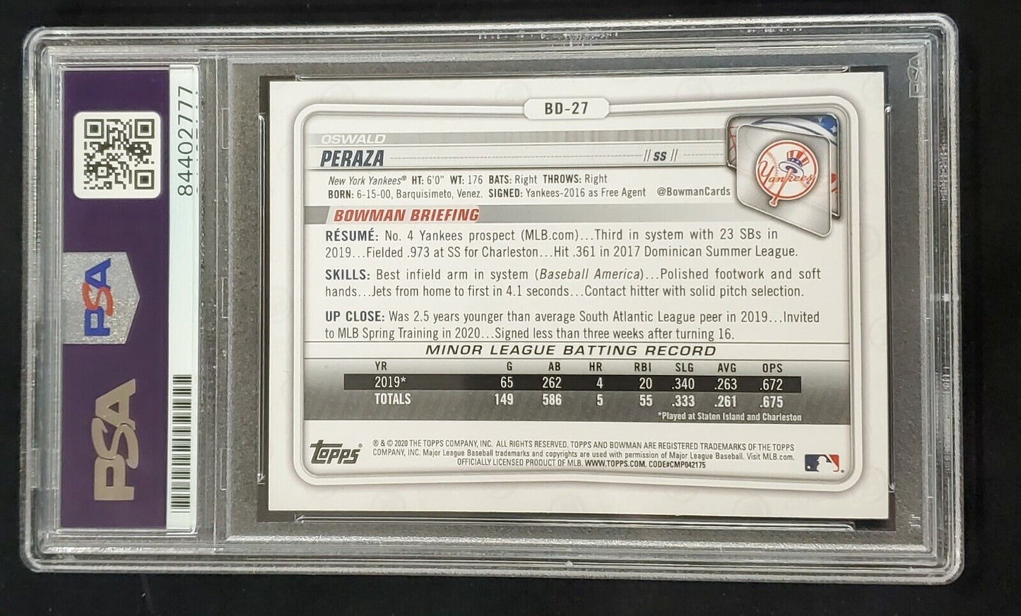 MVP Authentics Oswald Peraza Autographed Topps Bowman Yankees Bd-27 Psa Slabbed 225 sports jersey framing , jersey framing