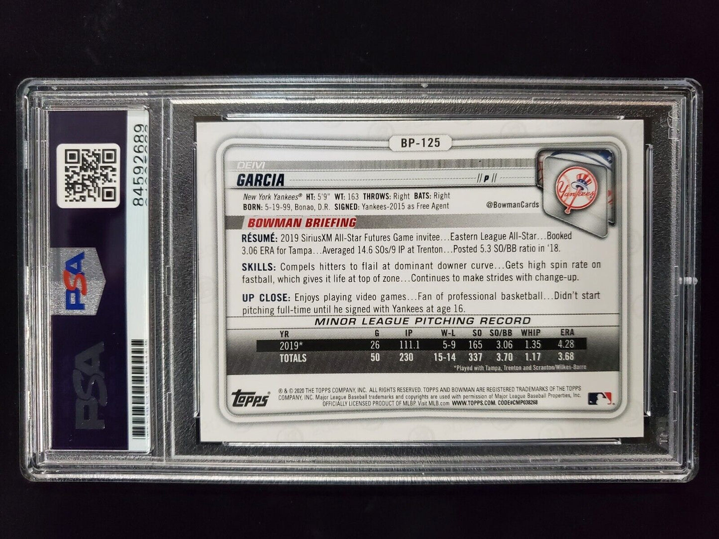 MVP Authentics Deivi Garcia Autographed Topps Bowman Yankees Bp-125 Psa Slabbed 225 sports jersey framing , jersey framing