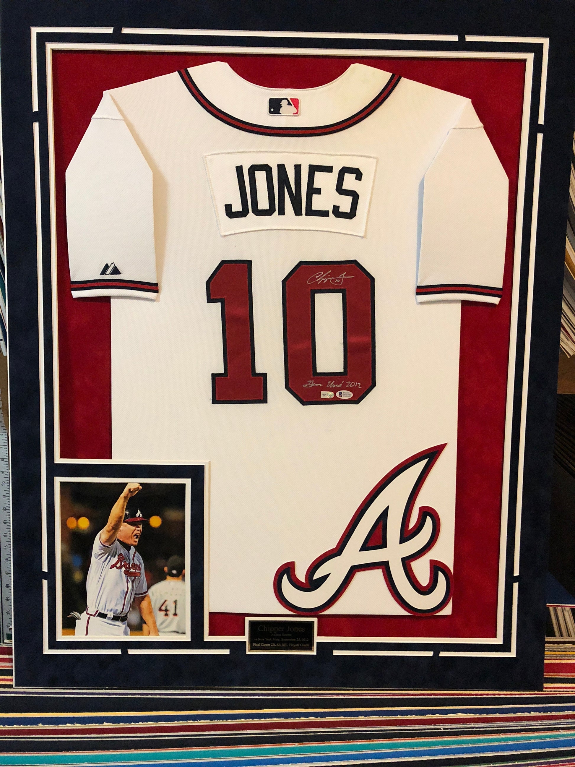 MVP Authentics - Framing Custom Framing - 1 photo vertical layout with floating logo and suede matting 225 sports jersey framing , jersey framing