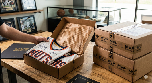 Professional custom jersey framing packaging at MVP Authentics in Hummelstown, PA, showing bulk shipping savings for multiple autographed sports jerseys.