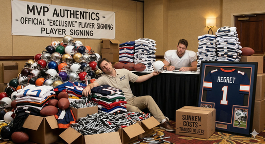 MVP Authentics exclusive athlete signing event with piles of mini-helmets, jerseys, and Sharpies.