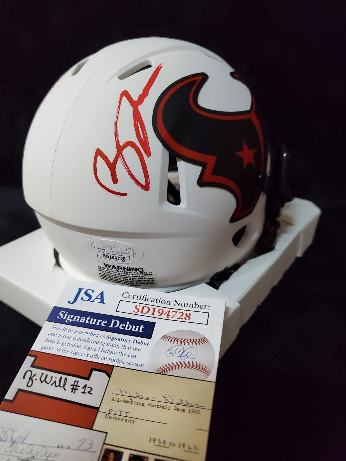 Houston Texans Brevin Jordan Signed Lunar Mini Helmet Jsa Coa