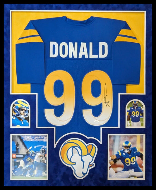 MVP Authentics Framed In Suede Los Angeles Rams Aaron Donald Autographed Signed Jersey Jsa Coa 675 sports jersey framing , jersey framing