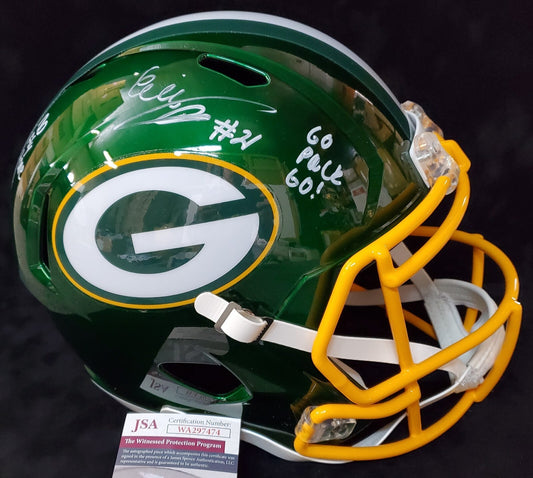 Green Bay Packers Eric Stokes Signed 2X Insc Full Size Flash Replica Helmet Jsa