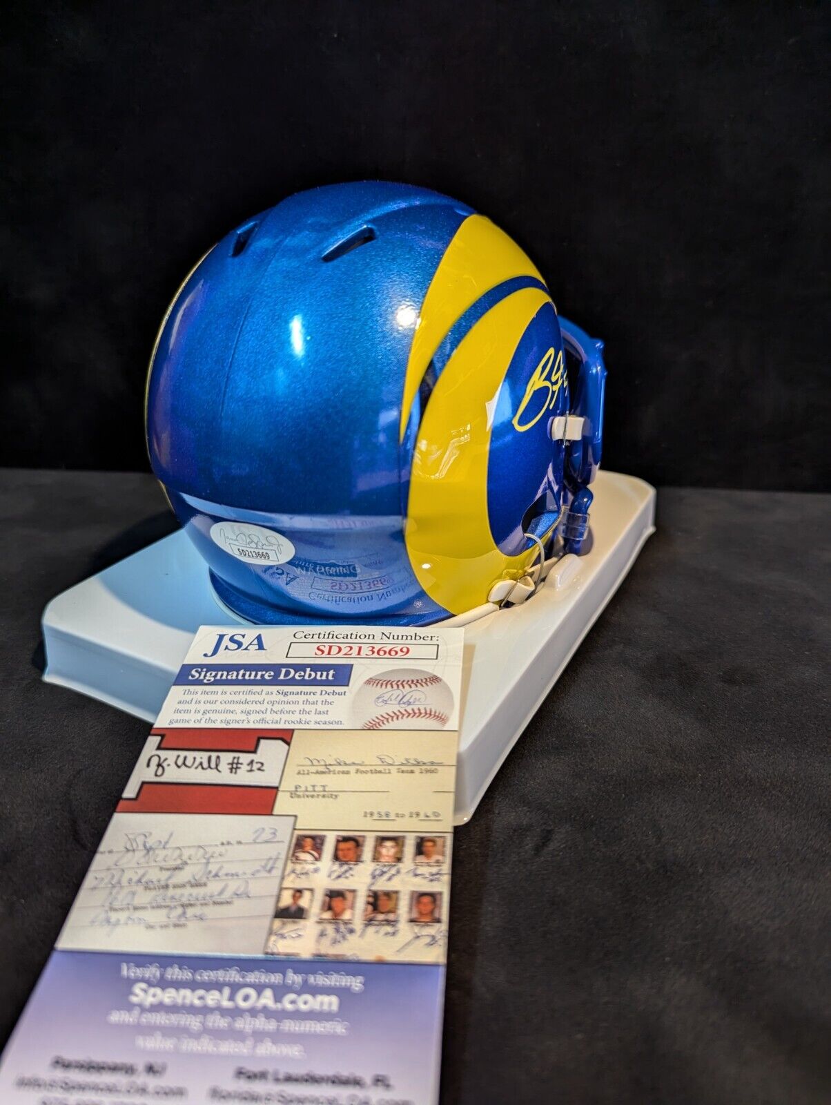 Los Angeles Rams Braden Fiske Autographed Speed Mini Helmet Jsa Coa