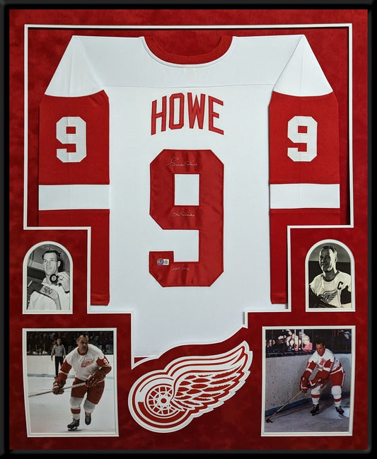 Suede Framed Detroit Red Wings Gordie Howe Autographed Inscribed Jersey Beckett