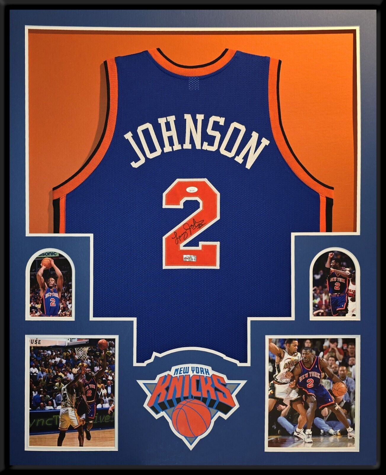 Framed New York Knicks Larry Johnson Autographed Jersey Jsa Coa