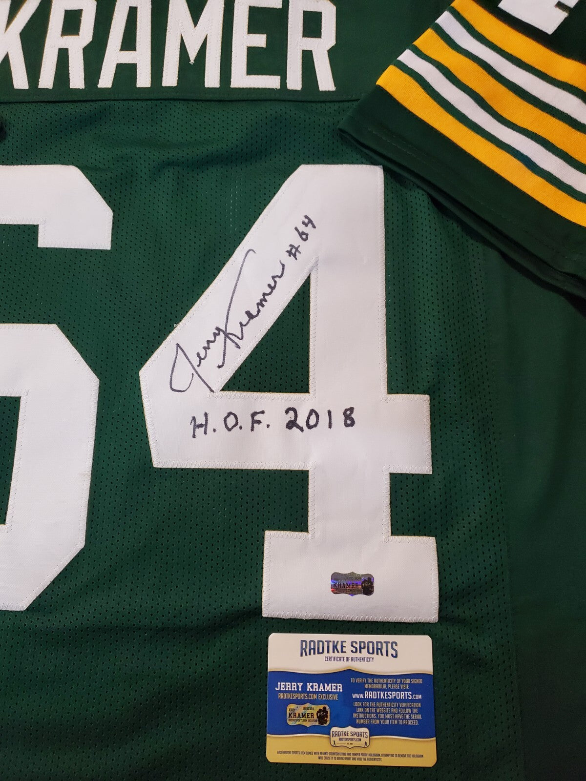 Green Bay Packers Jerry Kramer Autographed Signed Inscribed Jersey Radtke Coa