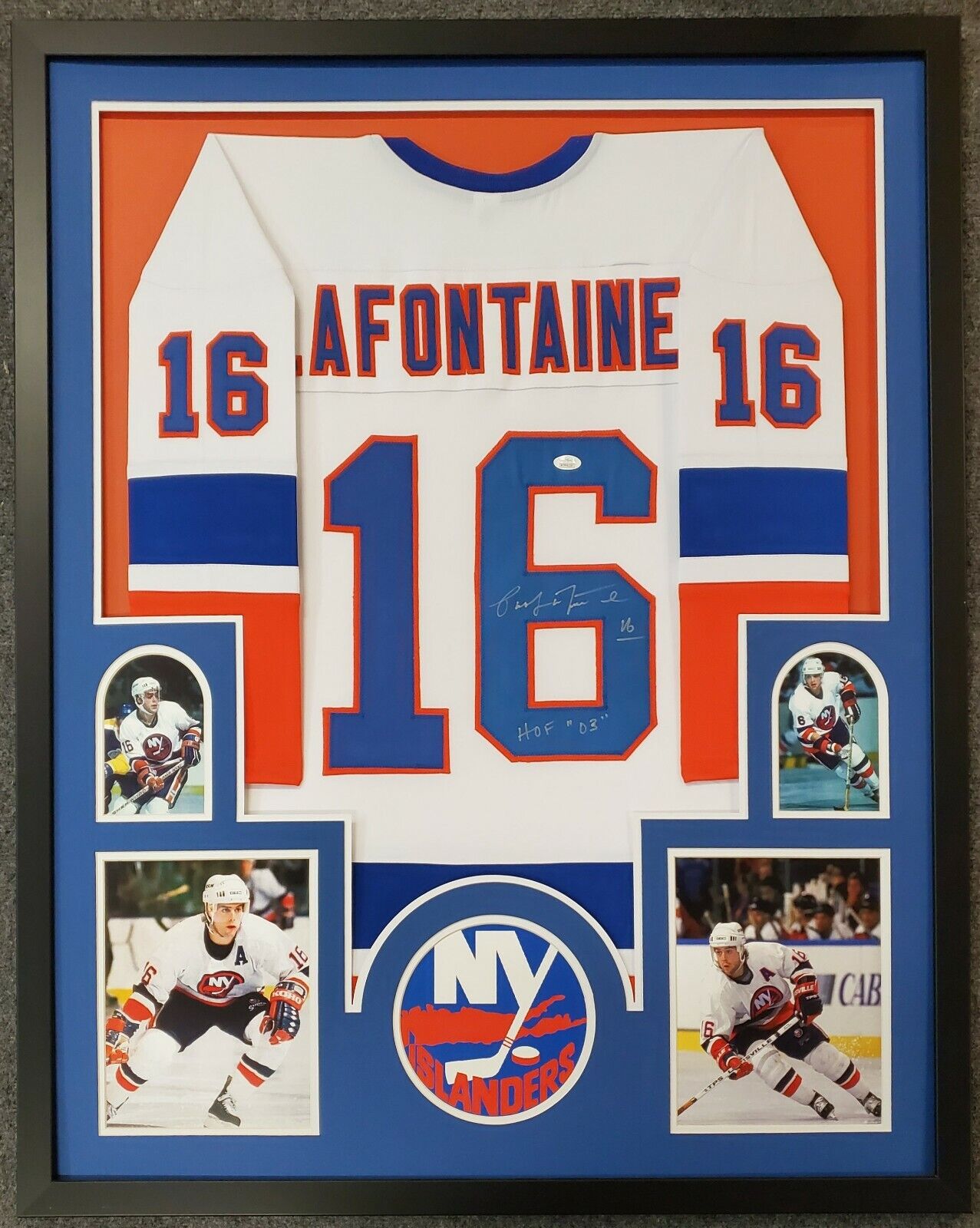 MVP Authentics Framed Pat Lafontaine Autographed Inscribed Hof 03 N.Y. Islanders Jersey Jsa Coa 539.10 sports jersey framing , jersey framing