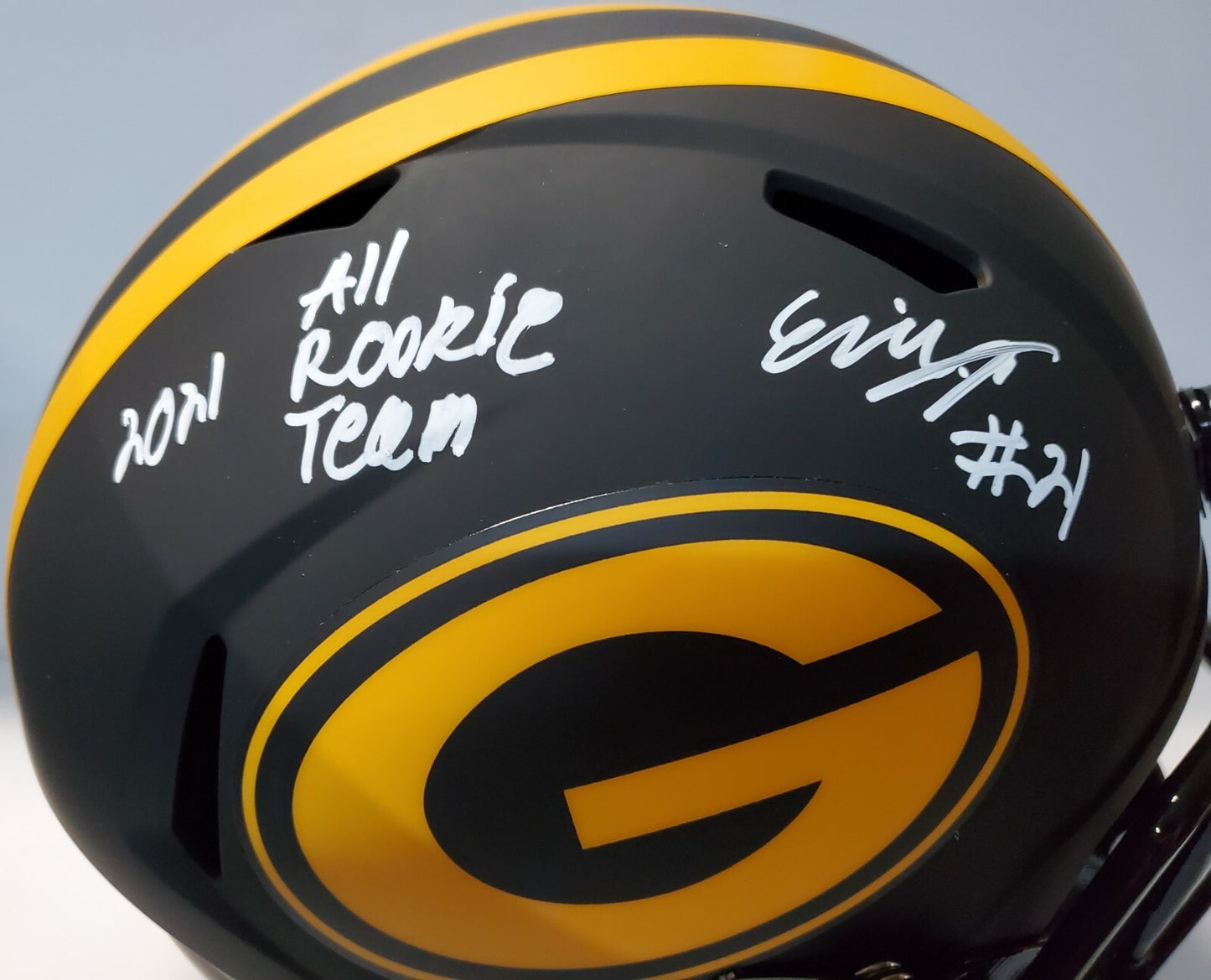 Green Bay Packers Eric Stokes Signed Insc Full Size Eclipse Replica Helmet Jsa