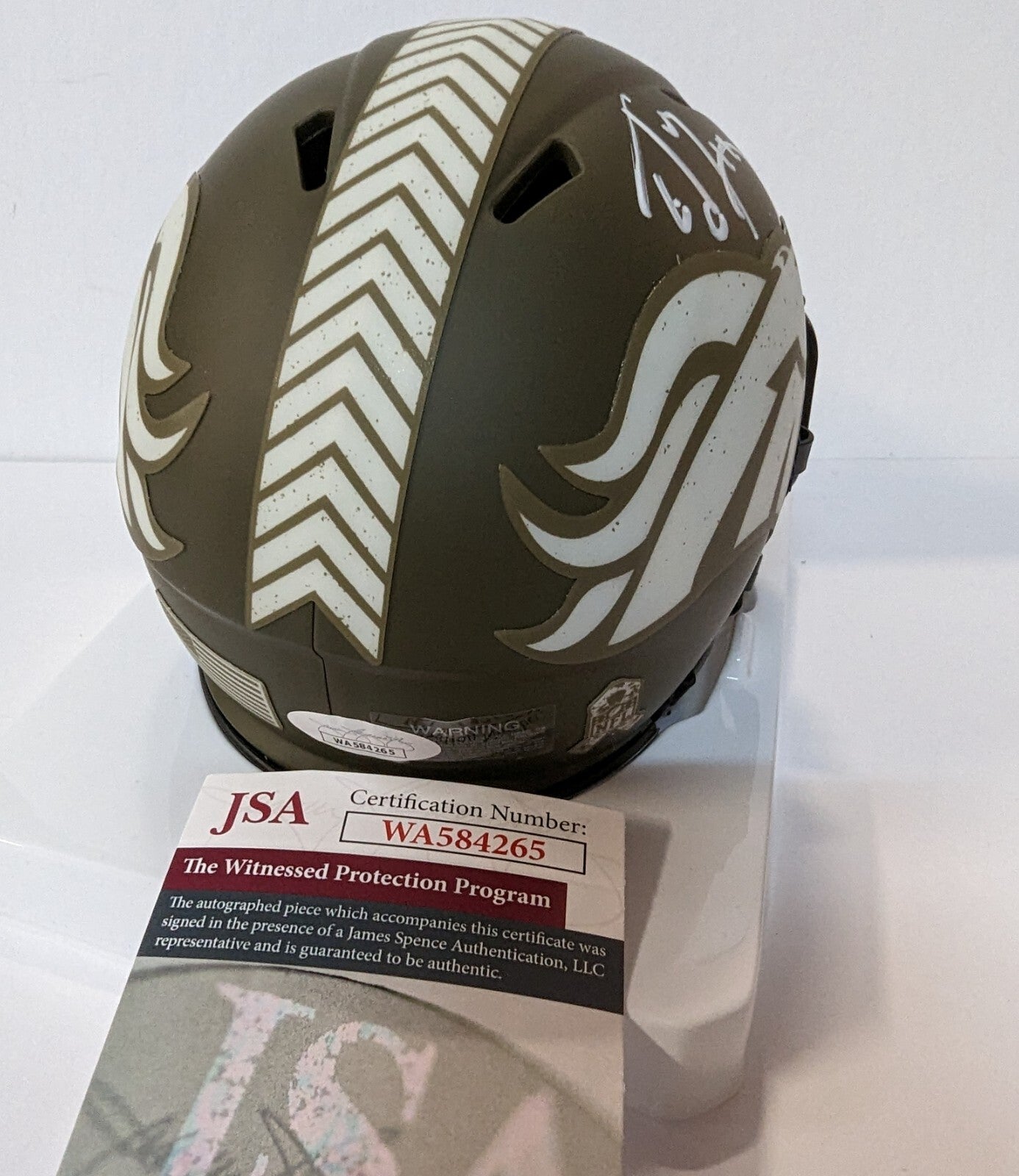 Denver Broncos Ed Mccaffrey Autographed Salute To Service Mini Helmet Jsa Coa