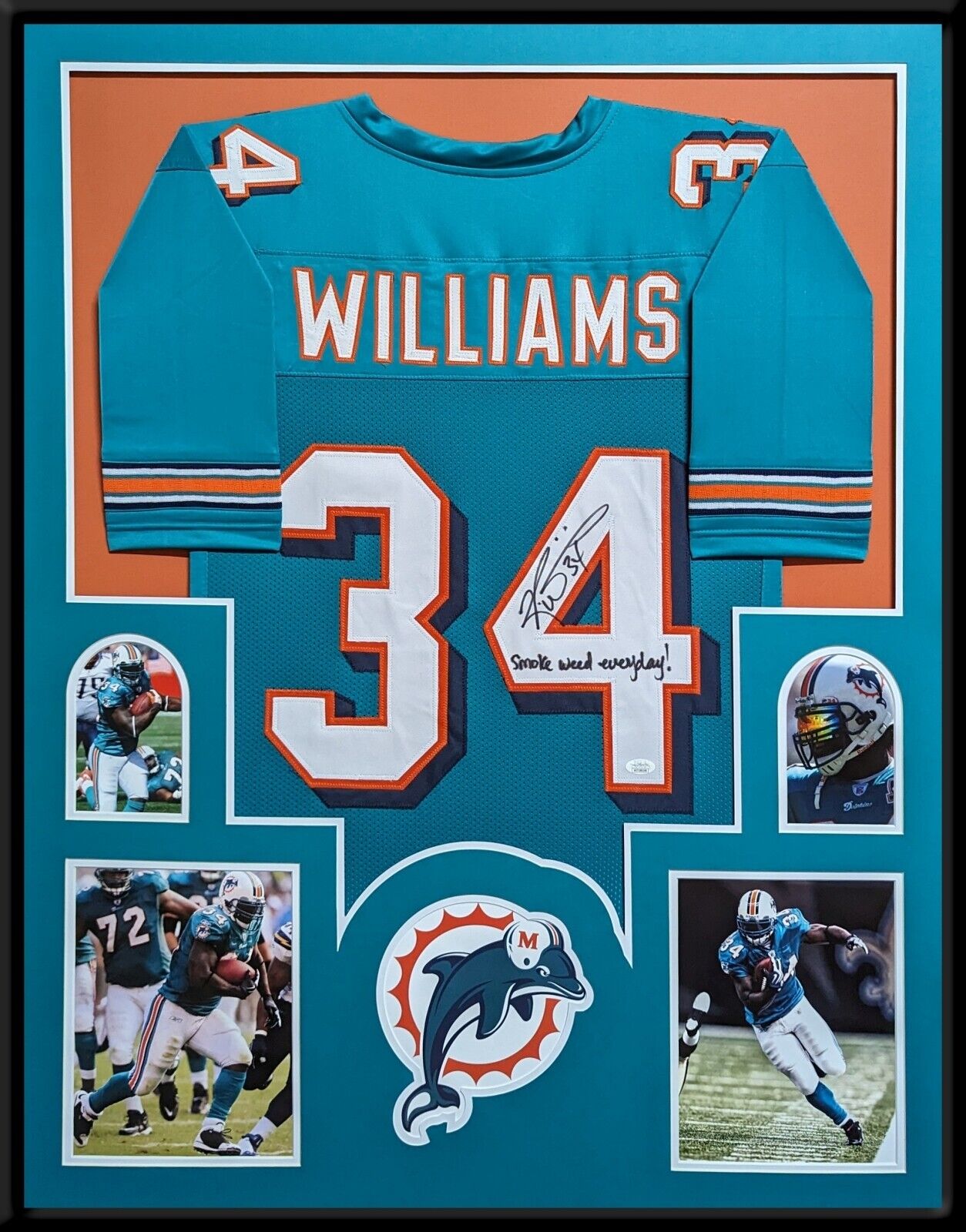 MVP Authentics Framed Miami Dolphins Ricky Williams Autographed Signed Inscribed Jersey Jsa Coa 495 sports jersey framing , jersey framing