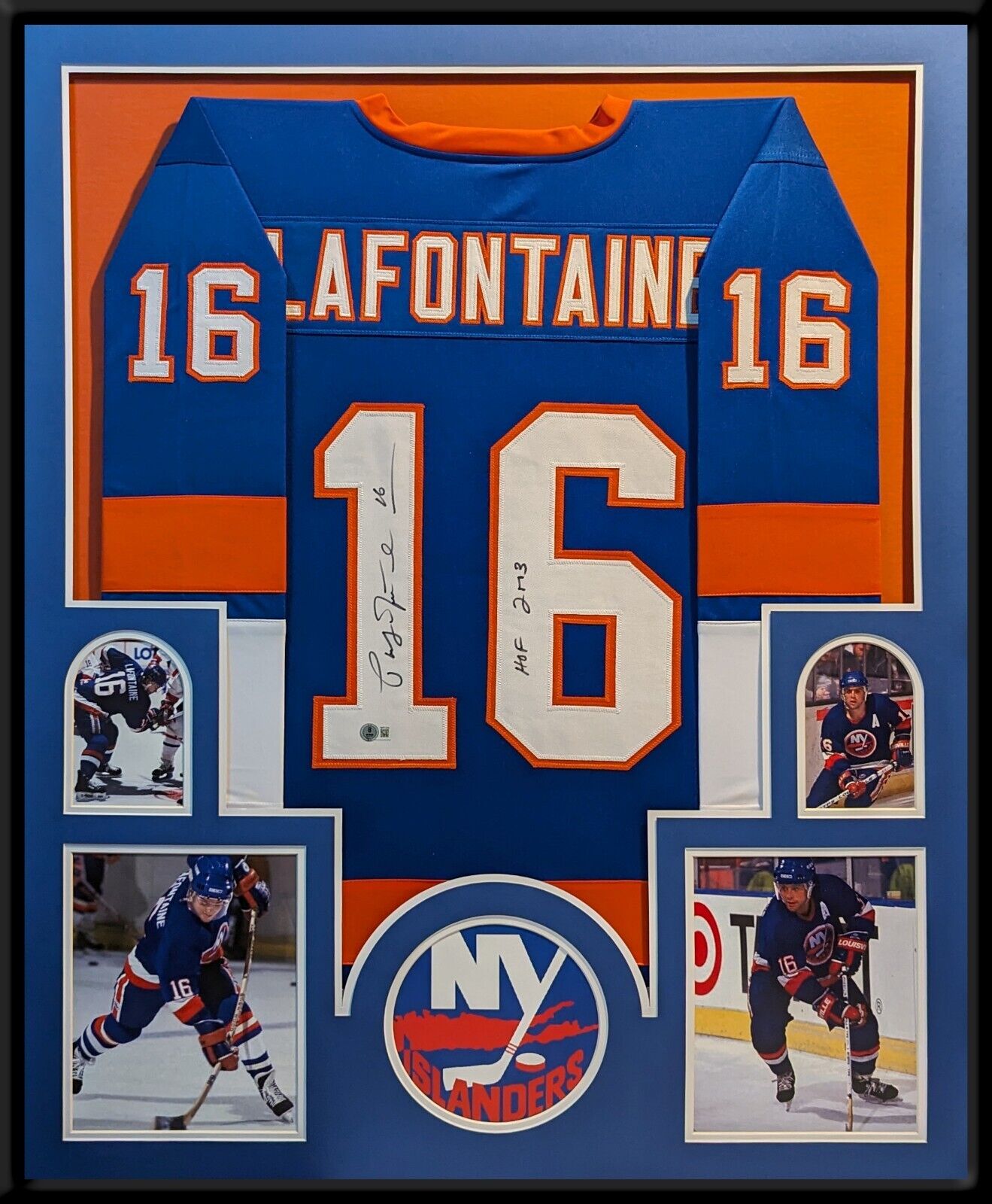 Framed Pat Lafontaine Autographed Inscribed Hof 03 N.Y. Islanders Jersey Beckett
