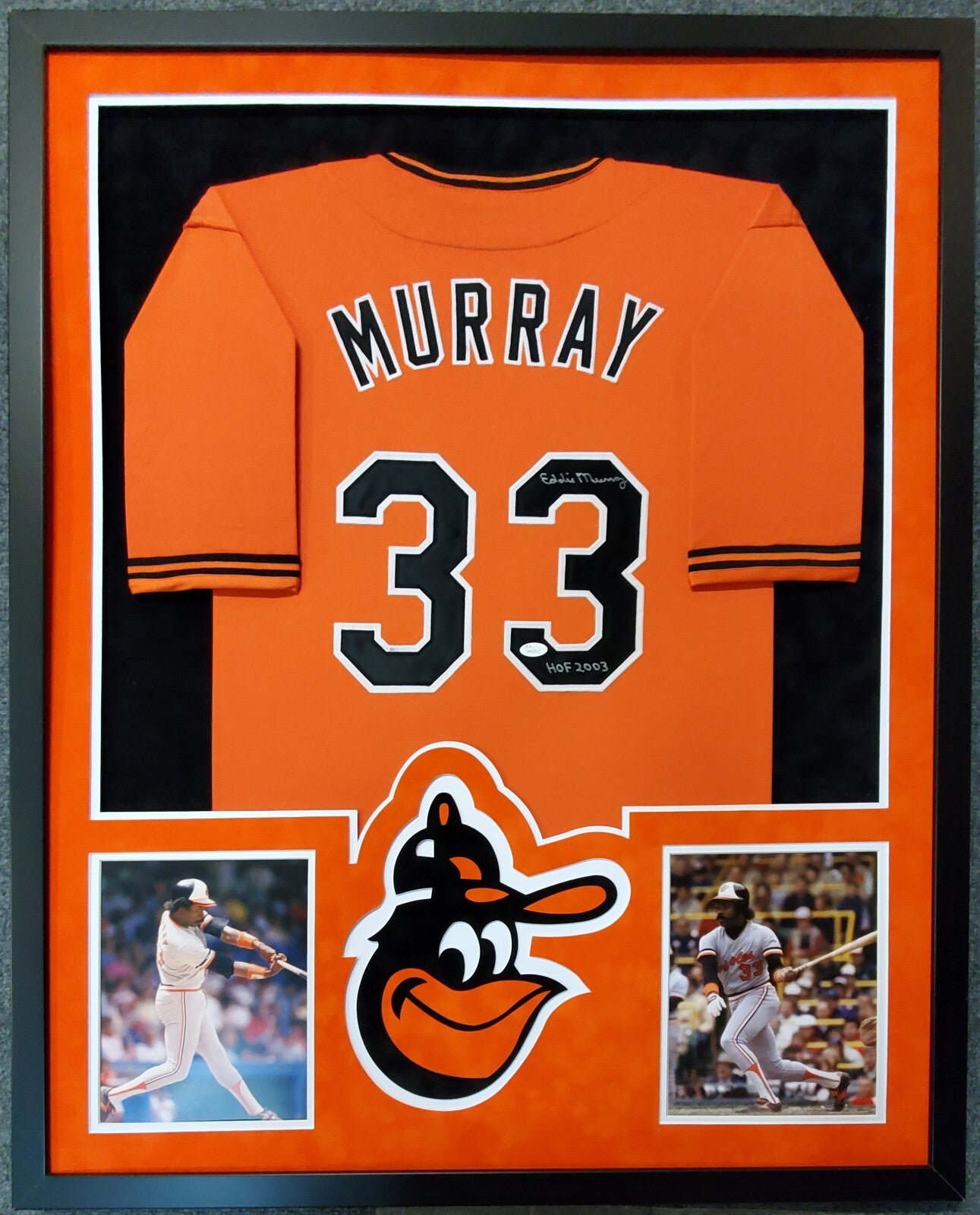 Framed Suede Baltimore Orioles Eddie Murray Signed Inscribed Jersey Jsa Coa