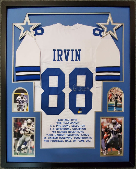 MVP Authentics Framed Dallas Cowboys Michael Irvin Autographed Signed Stat Jersey Beckett Holo 607.50 sports jersey framing , jersey framing