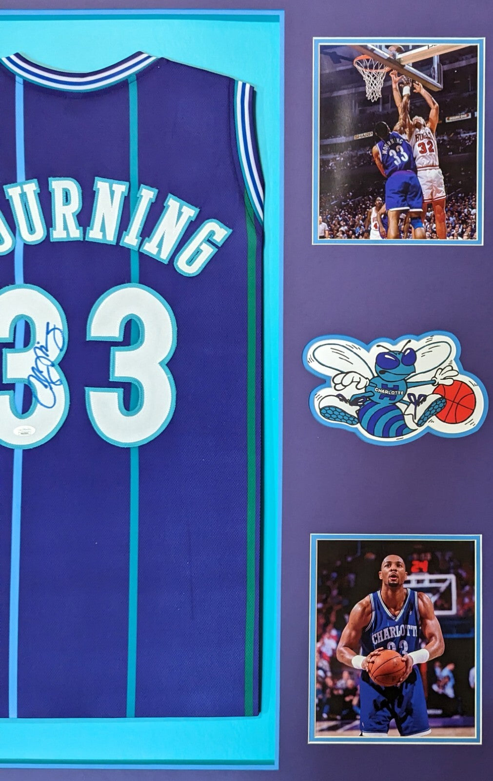 Framed Charlotte Hornets Alonzo Mourning Signed Jersey Jsa Coa