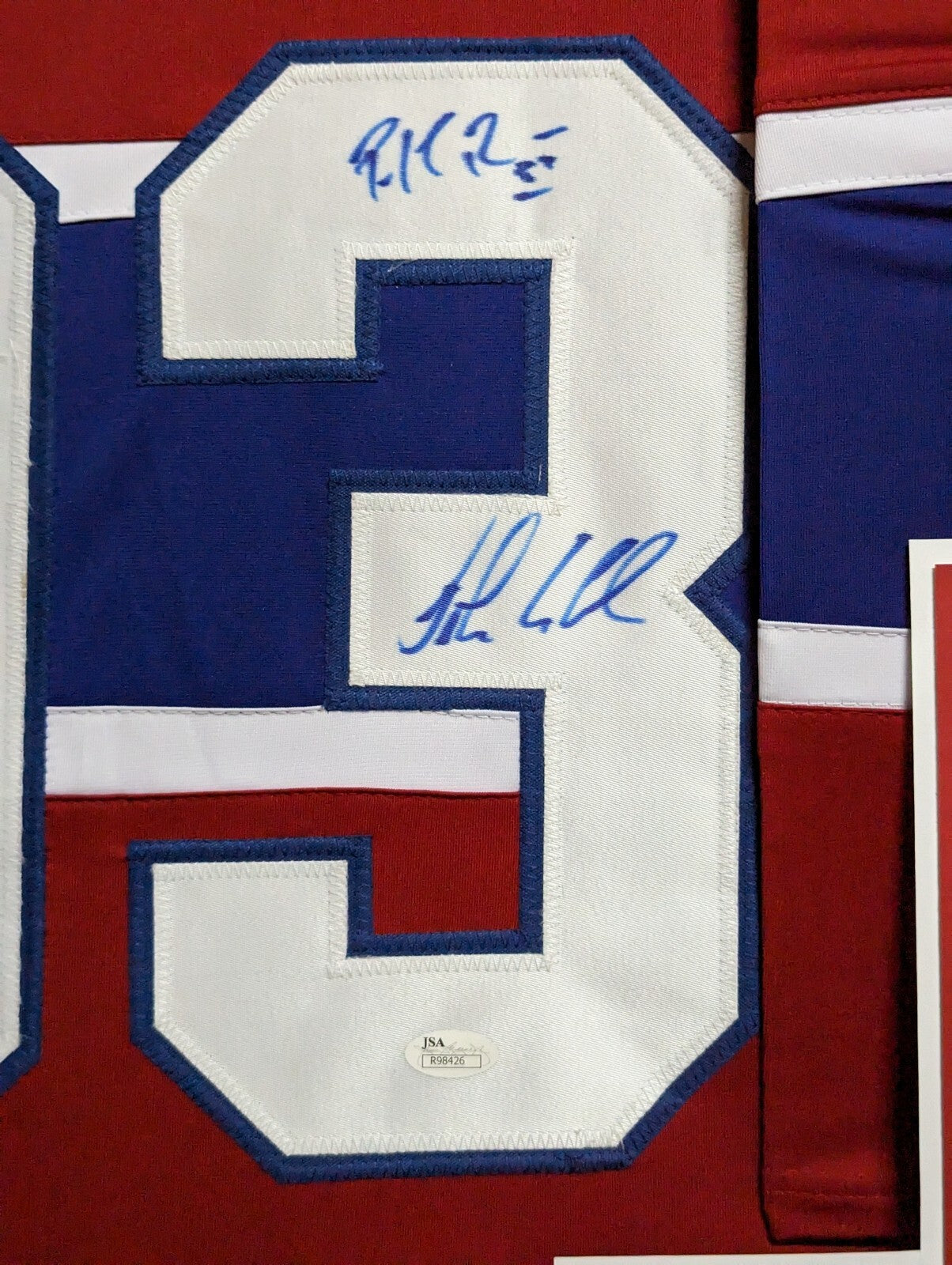 Framed Montreal Canadiens Patrick Roy & John Leclair Autographed Jersey Jsa Coa
