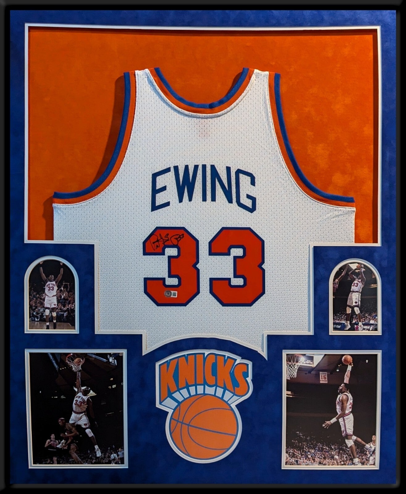 Suede Framed New York Knicks Patrick Ewing Autographed Jersey Beckett Hologram