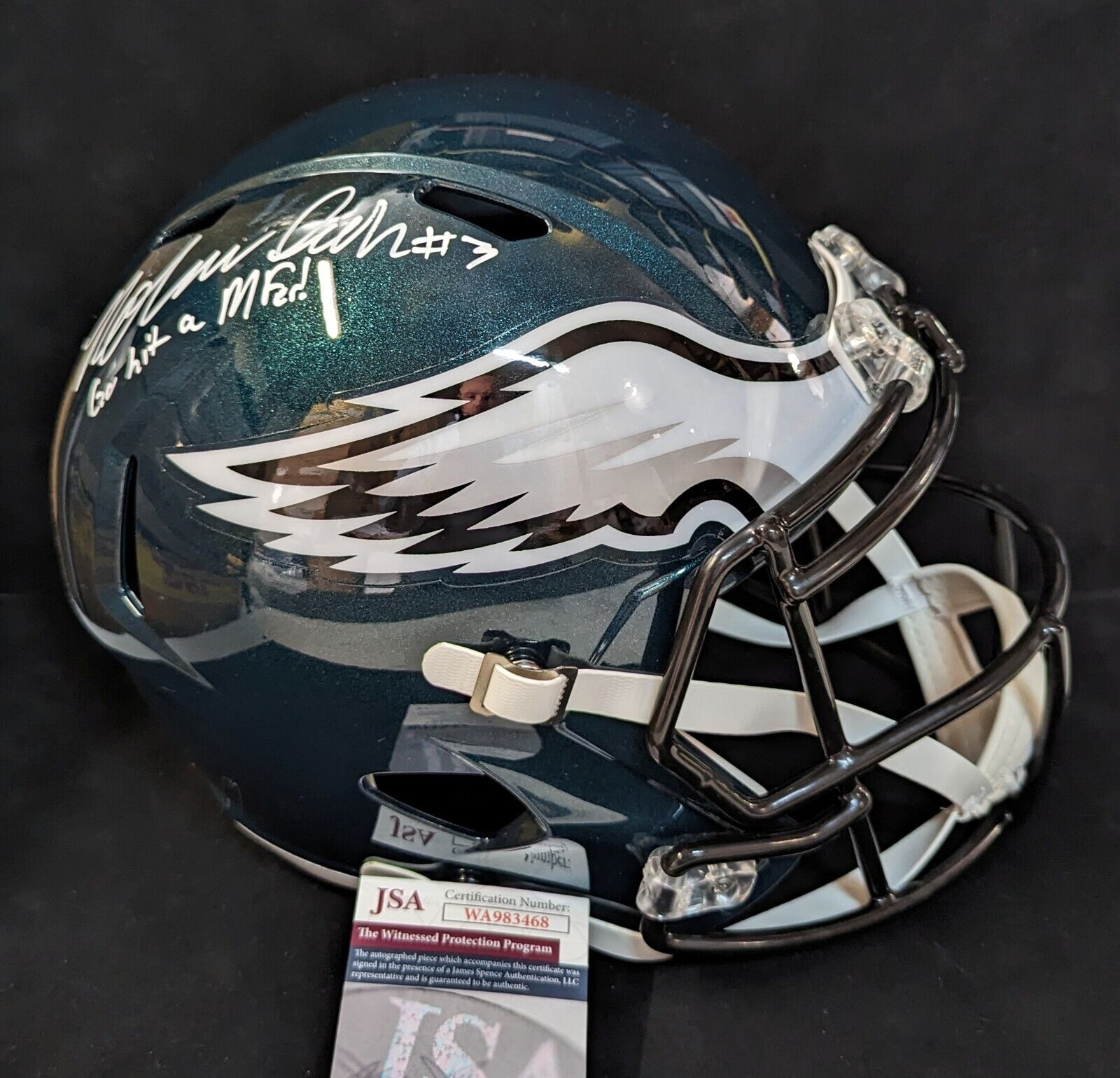 MVP Authentics Philadelphia Eagles Nolan Smith Jr Signed Inscribed Full Size Speed Replica Helmet Jsa Coa 360 sports jersey framing , jersey framing