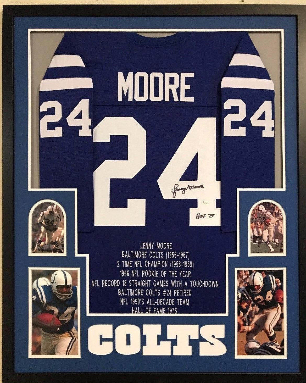 Framed Lenny Moore Autographed Signed Insc Baltimore Colts Stat Jersey Jsa Coa