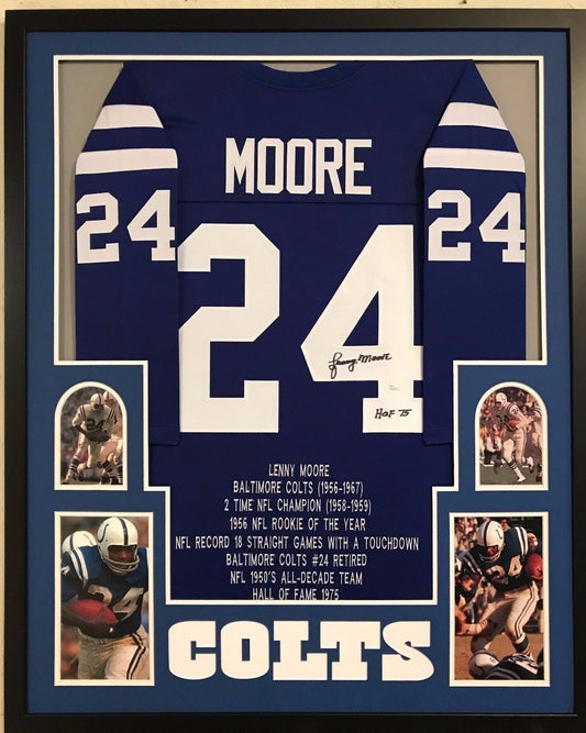 Framed Lenny Moore Autographed Signed Insc Baltimore Colts Stat Jersey Jsa Coa