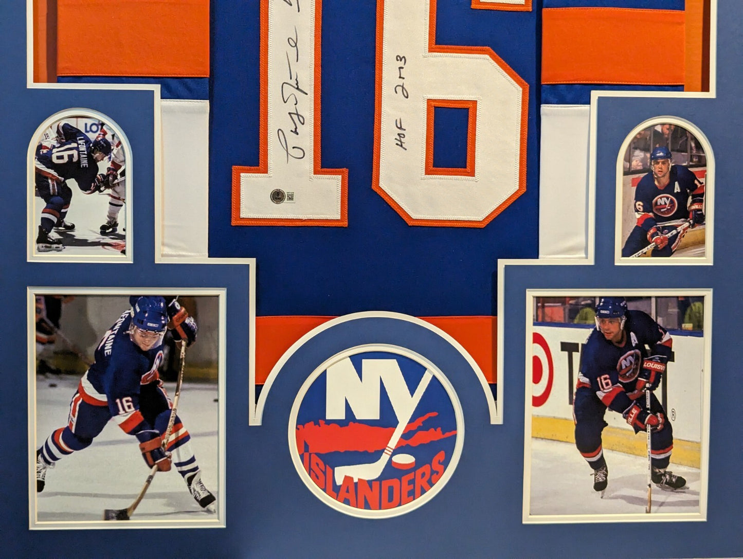 Framed Pat Lafontaine Autographed Inscribed Hof 03 N.Y. Islanders Jersey Beckett