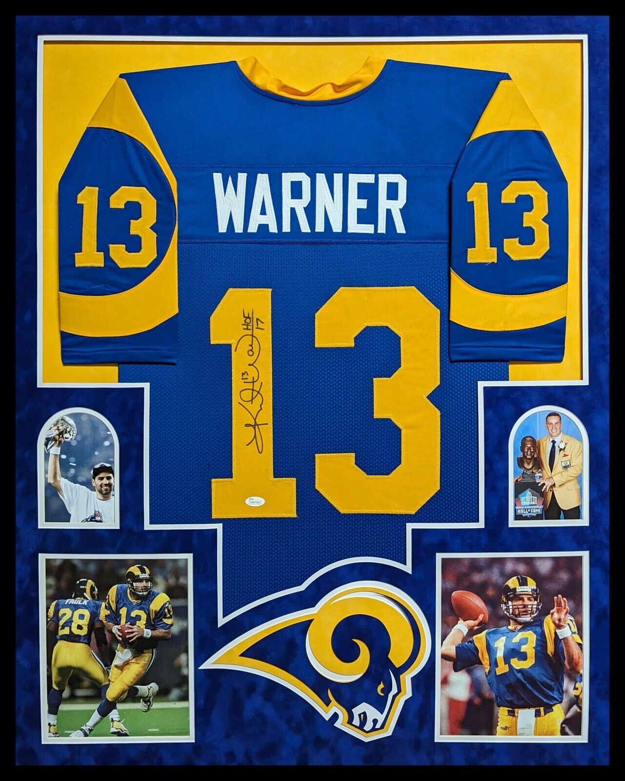 MVP Authentics Framed In Suede St. Louis Rams Kurt Warner Autographed Signed Jersey Jsa Coa 1125 sports jersey framing , jersey framing