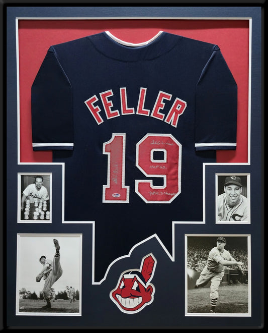 Framed Cleveland Indians Bob Feller Autographed 3X Inscribed Jersey Psa Coa