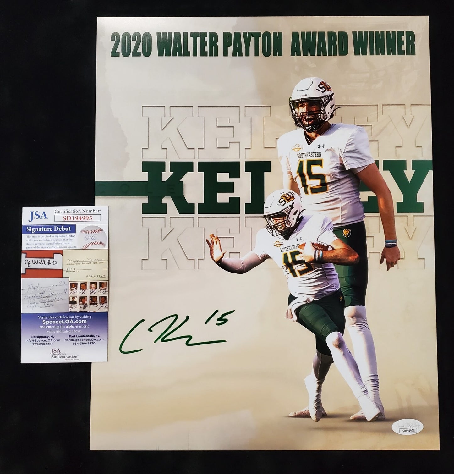 Southeastern Louisiana Lions Cole Kelley  Signed 11X14 Photo Jsa  Coa
