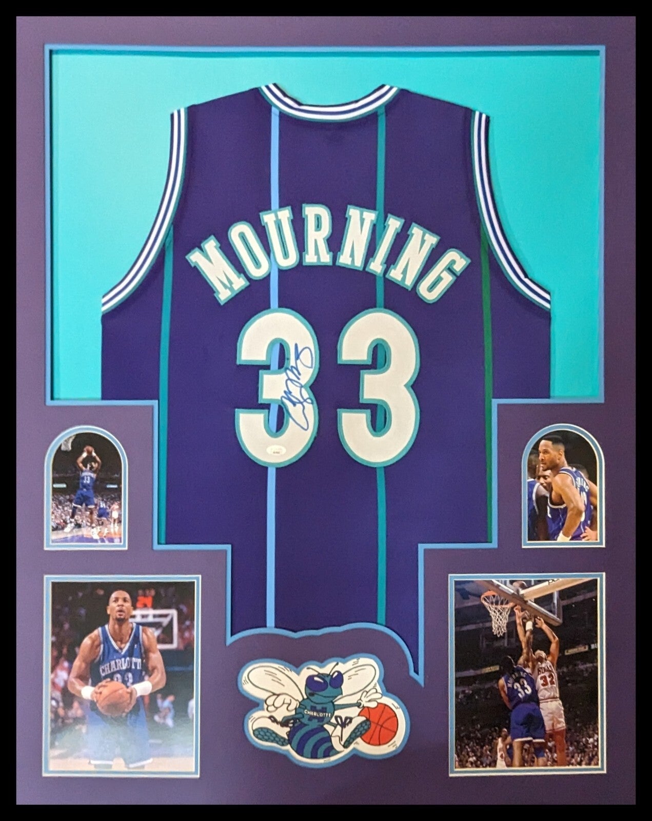 Framed Charlotte Hornets Alonzo Mourning Signed Jersey Jsa Coa